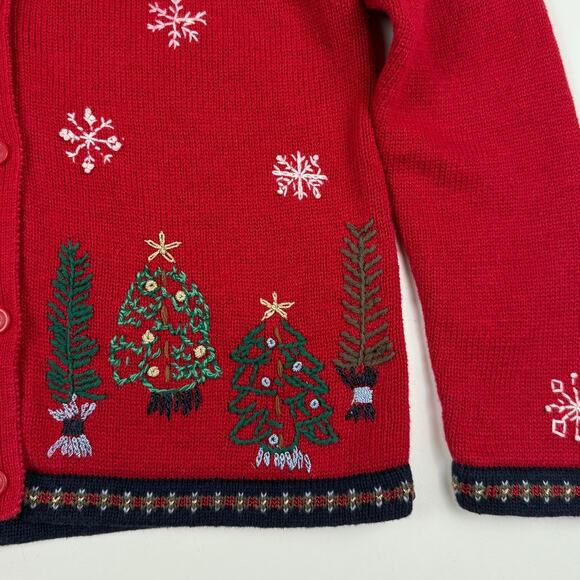 Vintage Christmas Tree Snowflake Winter Cute Grandma Red Button Sweater Small - Picture 3 of 8